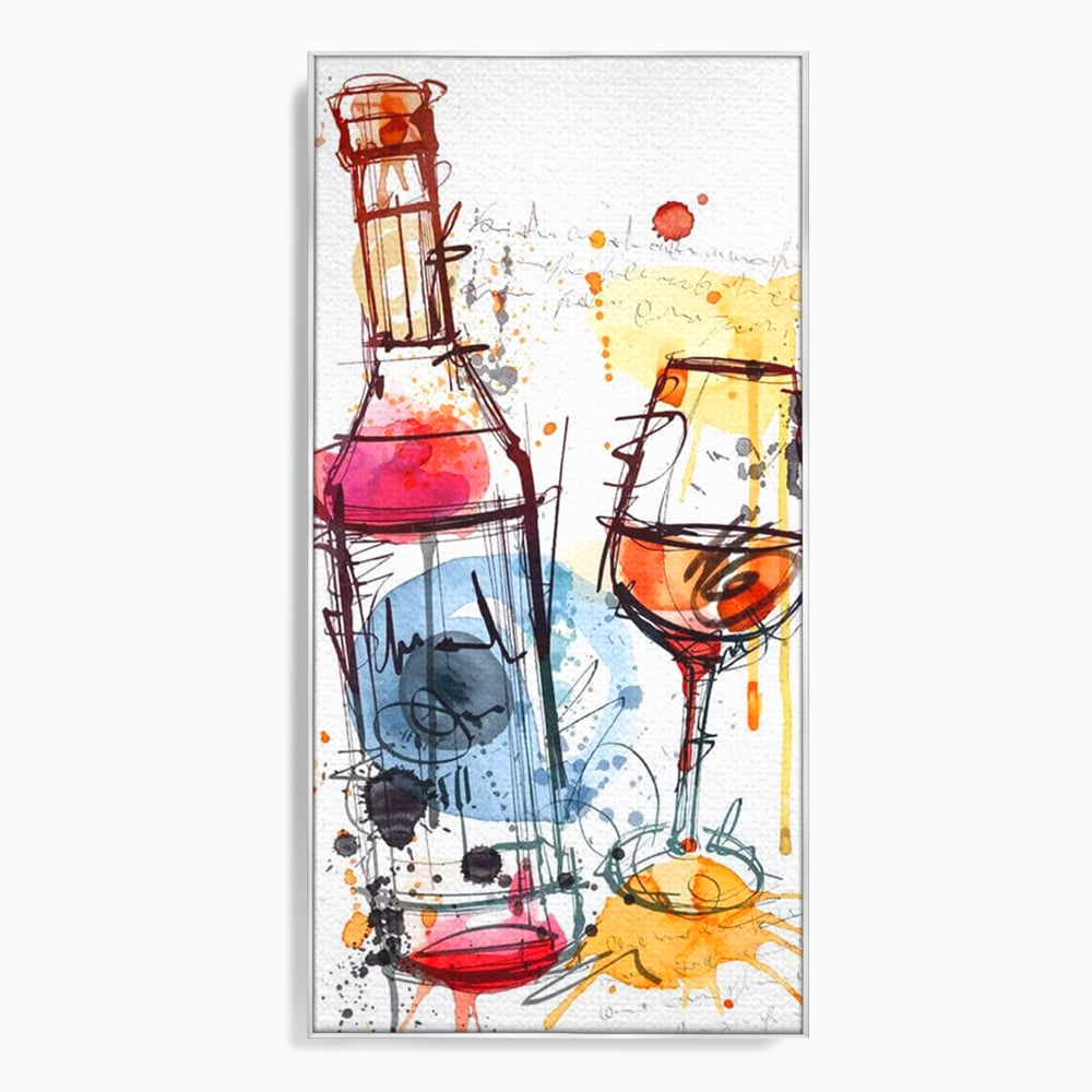 Tablou canvas cu tablou canvas cu sticla si pahar de vin, in rama de aluminiu argintiu
